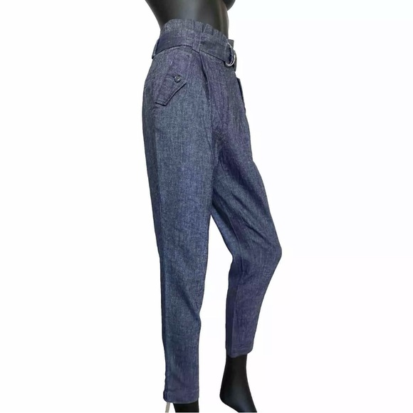 A.L.C. Pant High Waist Belt 0/2 Indigo Blue Chambray Italian Linen Tapered Ankle - Picture 11 of 15